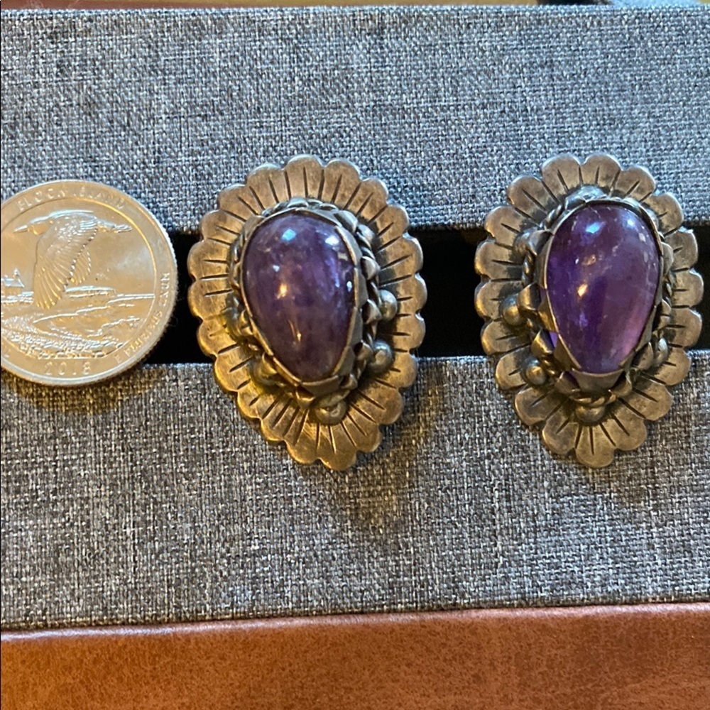 Ornate Purple Gemstone Earrings with Vintage Design sterling silver & Amethyst - Picture 2 of 6